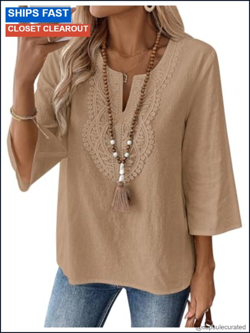 Womens Cotton Linen Tunic Top V Neck 3/4 Sleeve Lace Detail